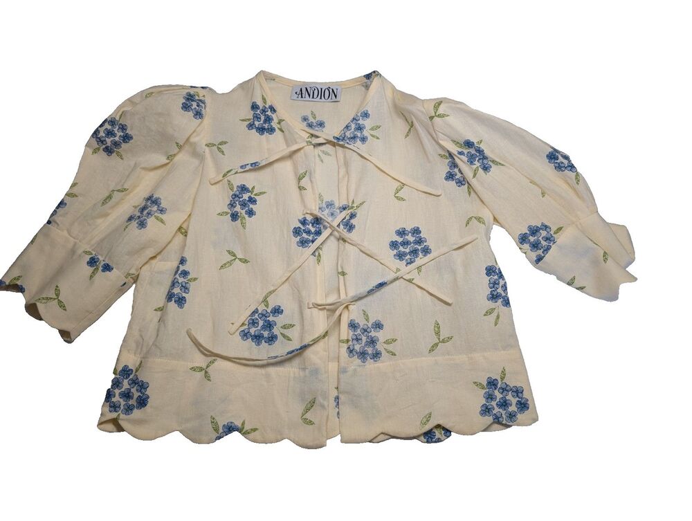 ANDION Floral Scalloped Tie-Front Blouse XS Boho Ruffle Top Spring Summer